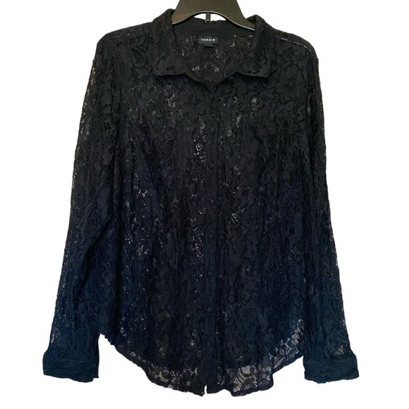 TORRID woman's plus size 2X Madison black lace button up long sleeve top shirt - Picture 3 of 15